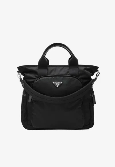 Prada Re-nylon Logo Top Handle Bag In Black
