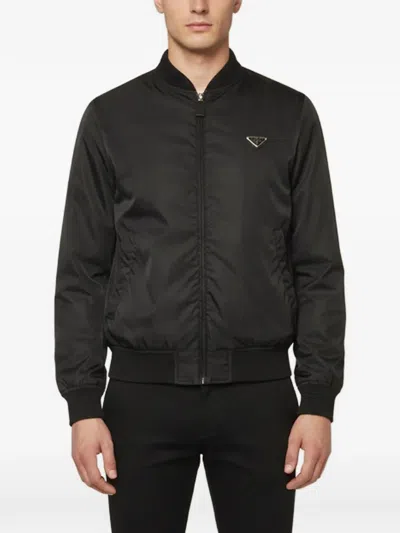 Pre-owned Prada Re-nylon Logo-plaque Bomber Jacket In Black