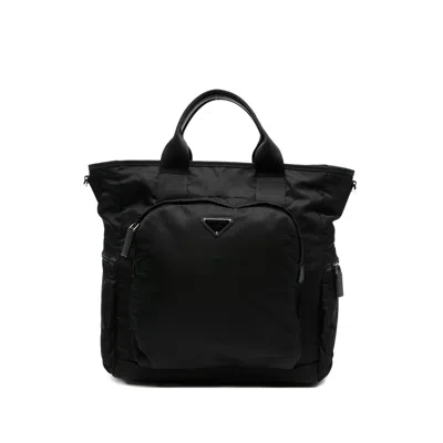 Prada Re-nylon Logo-plaque Tote Bag In Black