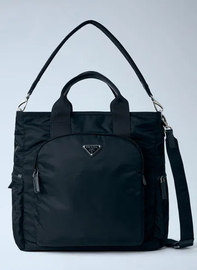 Prada Re-nylon Logo-plaque Tote Bag In Black