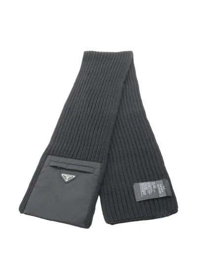 Pre-owned Prada Re-nylon Logo-plate Scarf In Black