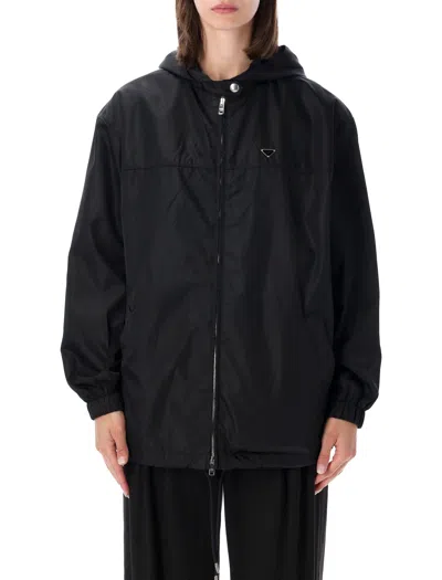 Prada Re-nylon Mini Hooded Blouson Jacket With Enameled Triangle Logo In Black