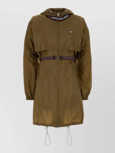 Prada Renylon Raincoat Belted Waist Hooded Design In Brown