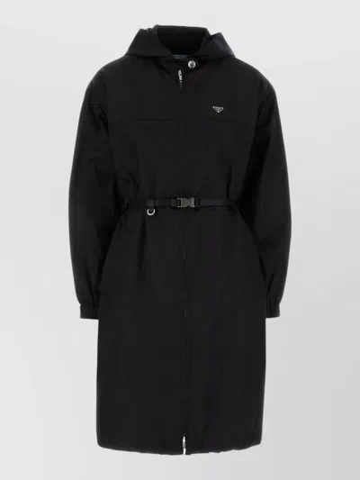 Prada Renylon Raincoat Belted Waist Hooded Long In Black