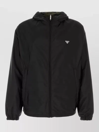 Prada Renylon Reversible Hooded Jacket Elastic Cuffs In Black