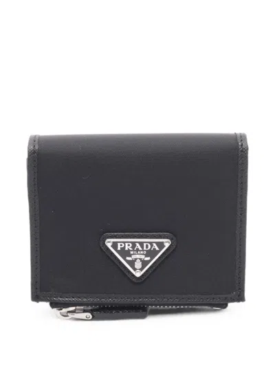 Pre-owned Prada Re-nylon Saffiano Leather Bi-fold Wallet In Black