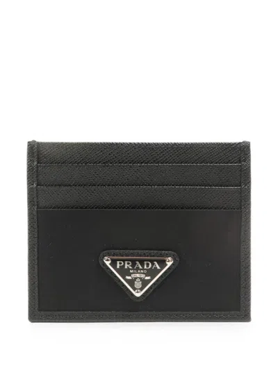 Pre-owned Prada Re-nylon Saffiano Leather Card Holder In Black