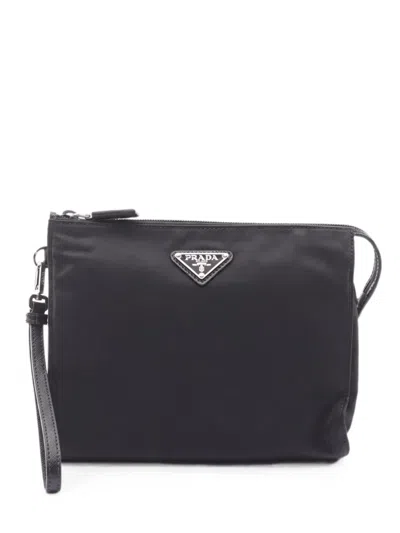 Pre-owned Prada Re-nylon Saffiano Leather Clutch Bag In Black