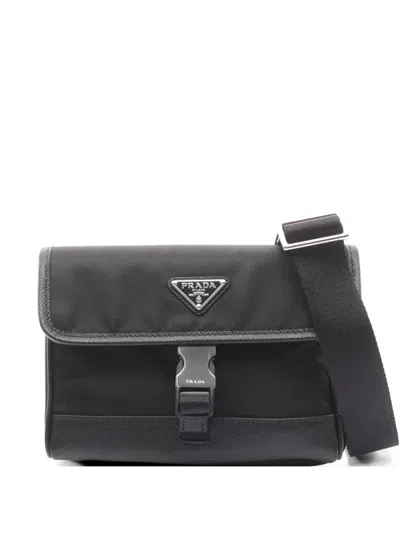 Pre-owned Prada Re-nylon Saffiano Leather Shoulder Bag In Black