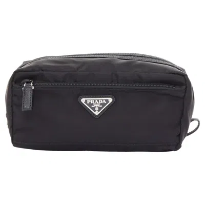 Pre-owned Prada Re-nylon Saffiano Leather Silver Triangle Logo Cosmetic Travel Pouch Case In Black