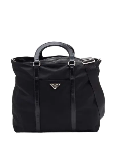Pre-owned Prada Re-nylon Saffiano Leather Tote Bag In Black
