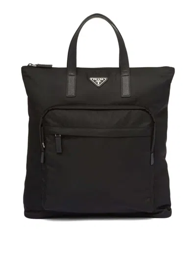 Prada Re-nylon Saffiano-leather Tote Bag In Black