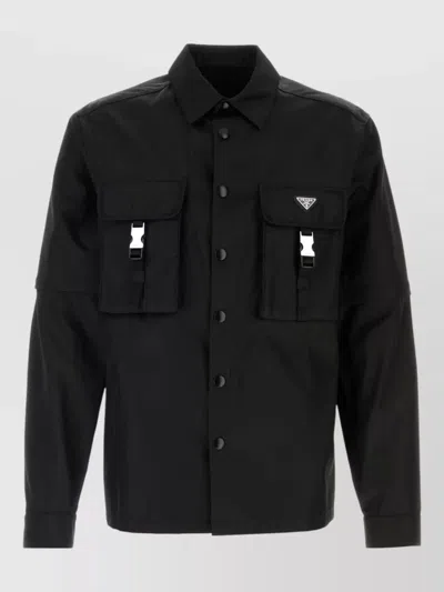 Prada Renylon Shirt Jacket Collared Adjustable Cuffs Flap Pockets In Black