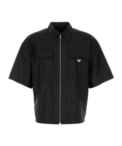 Prada Re-nylon Short-sleeved Zipped Shirt In Black
