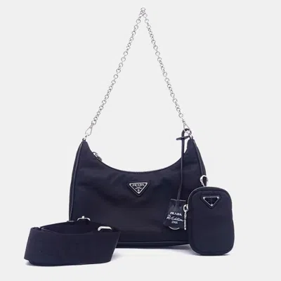 Pre-owned Prada Re-nylon Tessuto Chain Strap Hobo Bag (1bh204) In Black