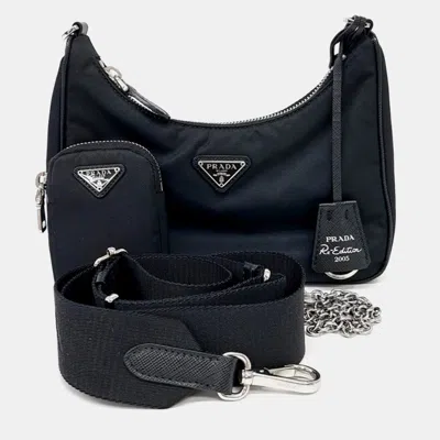 Pre-owned Prada Re-nylon Tessuto Chain Strap Hobo Bag In Black