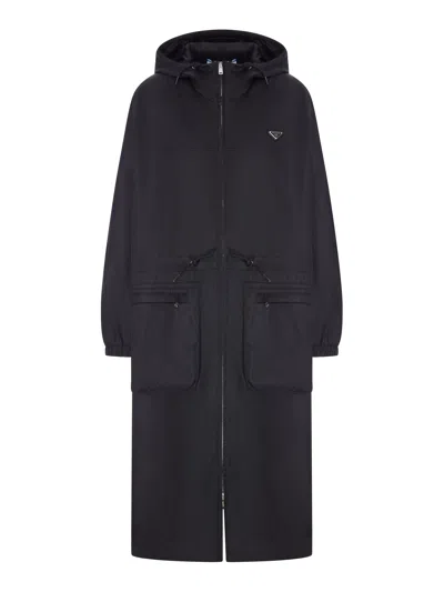 Prada Re-nylon Trench Coat With Hood In Black