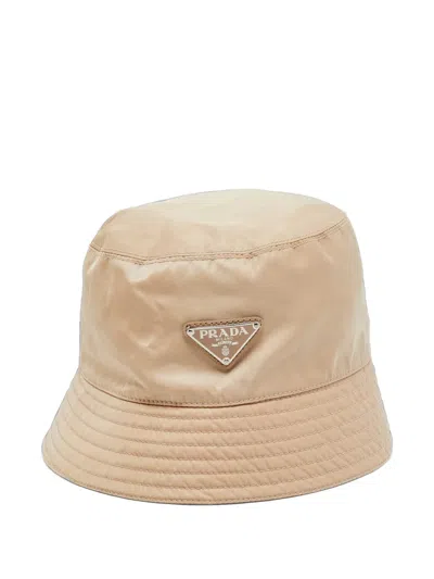 Pre-owned Prada Re-nylon Triangle Logo Bucket Hat In Neutrals