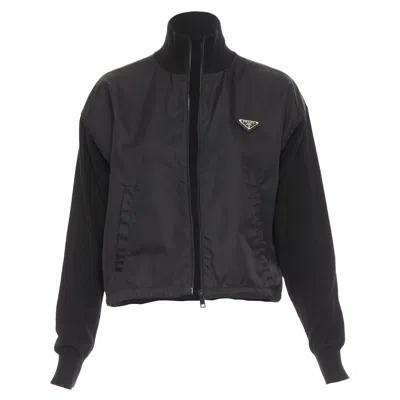 Pre-owned Prada Re-nylon Virgin Wool Triangle Logo Zip Jacket In Black