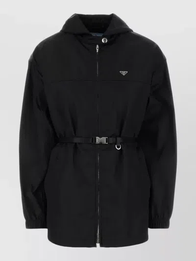 Prada Renylon Windbreaker Jacket Belted Hooded Long In Black