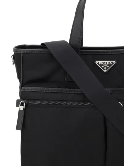 Prada Re-nylon With Leather Trim Shoulder Bag In Black