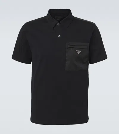 Prada Re-nylon-trimmed Cotton-blend Polo Shirt In Black