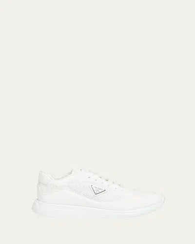 Prada Rete Net Leather Lace-up Sneakers In Bianco