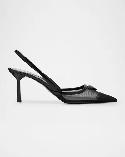 Prada 75 Logo Leather-trimmed Slingback Pumps In Black