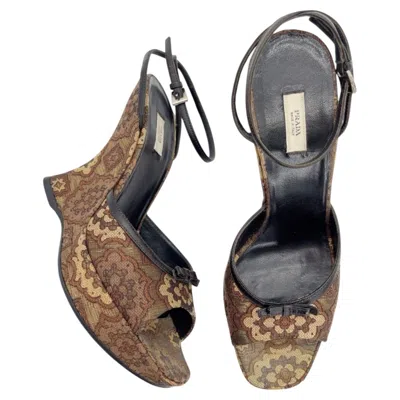 Pre-owned Prada Retro Y2k Brown Bronze Brocade Lurex Bow Sculptural Wedge Sandals It 38.5