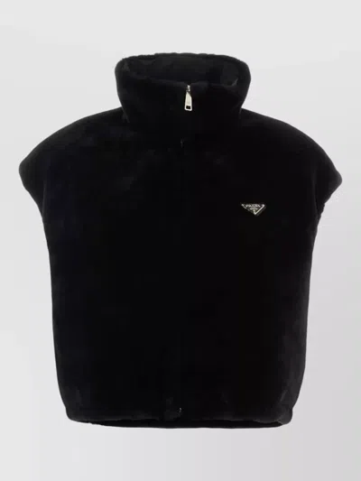 Prada Reversible Fur Jacket Sleeveless High Collar In Black