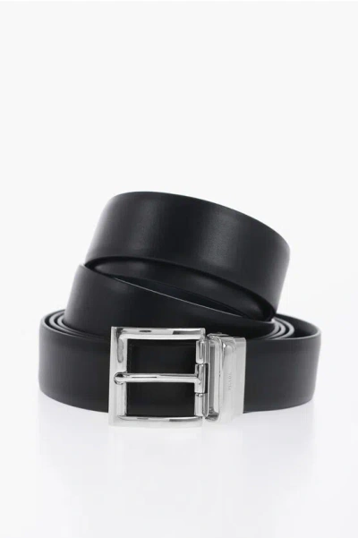 Prada Reversible Leather Belt With Silver-tone Buckle 35mm In Black