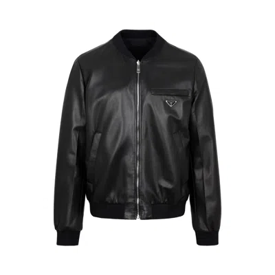 Prada Reversible Leather Bomber Jacket In Black