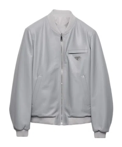 Prada Reversible Nappa Leather Bomber Jacket In Gray