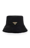 Prada Reversible Nylon; Shearling Bucket Hat In Black