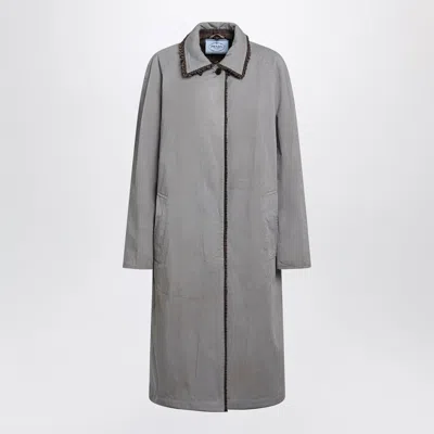 Prada Reversible Overcoat In Twill With Vintage-effect Houndstooth In Gray