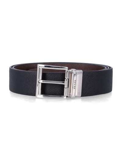 Prada Reversible Saffiano Leather Belt In Black