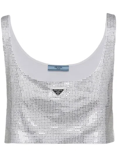 Prada Embroidered Jersey Top In White