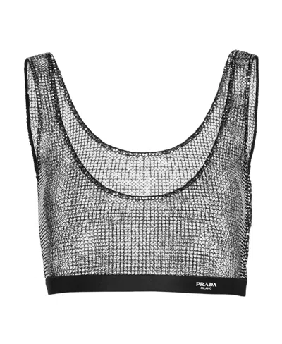 Prada Rhinestone-embellished Mesh Crop Top In Red Iron Color