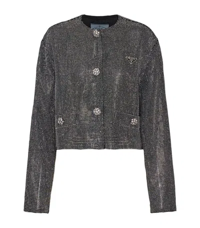 Prada Single-breasted Rhinestone Encrusted Mesh Jacket In Hematite