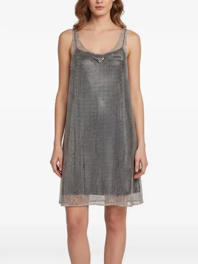 Pre-owned Prada Rhinestone Embellished Mesh Mini Dress In Silver