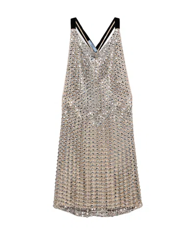 Prada Rhinestone Mesh Embroidered Mini Dress In Crystal