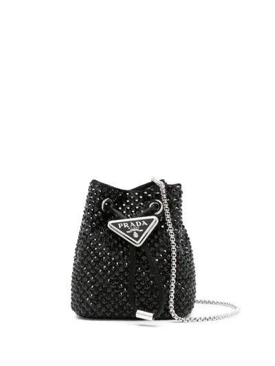 Prada Rhinestoned Satin Mini Bag In Schwarz