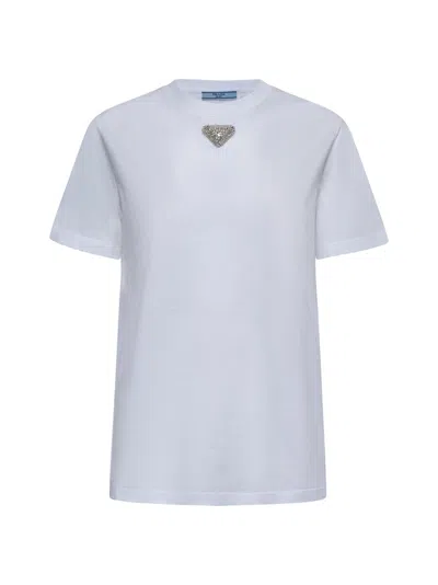 Prada Rhinestone-embellished Triangle Logo T-shirt In White