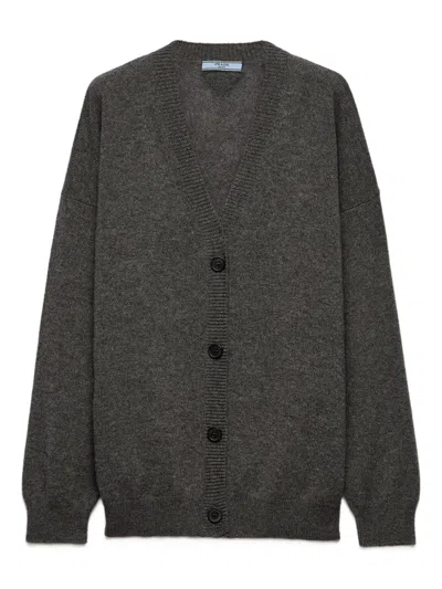 Prada Ribbed Cashmere Cardigan In Gray