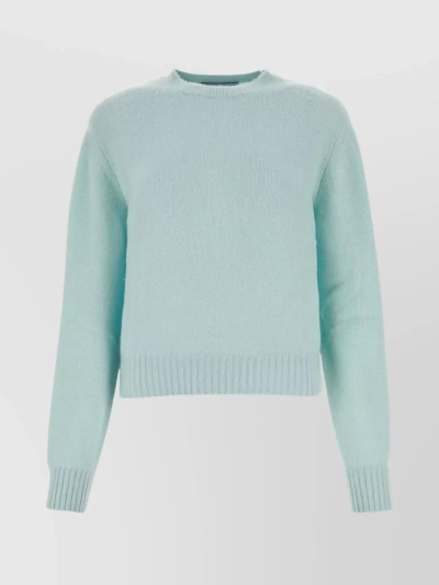 Prada Ribbed Cashmere Crew-neck Sweater With Puffed Sleeves In Cyan