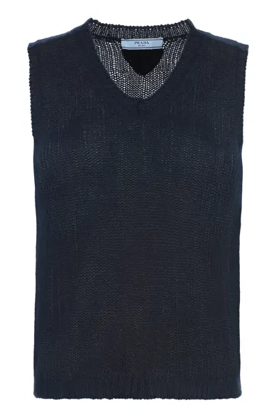 Prada Ribbed Cashmere Knit Vest In Blue