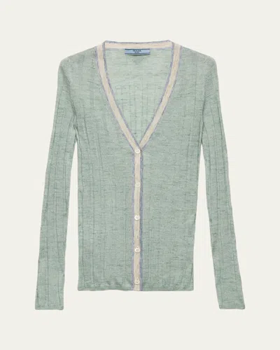 Prada Ribbed Cashmere Silk Cardigan In Green