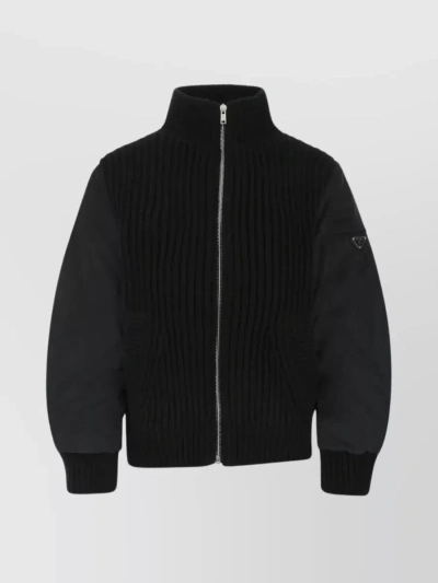 Prada Ribbed Collar Jacket With Contrast Sleeves And Elasticated Hem In Black