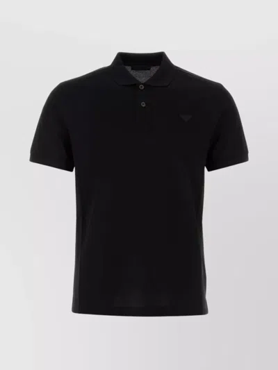 Prada Ribbed Collar Short Sleeves Polo Shirt In Black