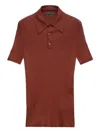 Prada Ribbed Knit Cotton Polo Shirt In Brown